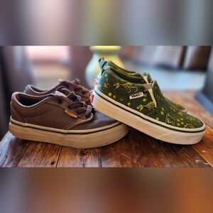 2 pair-Vans Kids Green Dinosaur Slip-on And Brown Tie-Ons